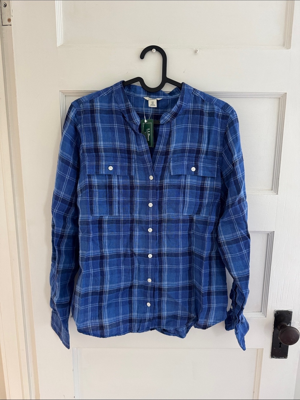 NWT linen L.L. Bean collarless button down plaid shirt